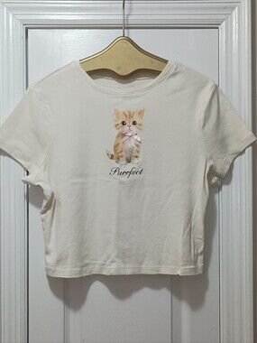 Y2K No Boundaries Cream Tee with Orange Kitten Graphic